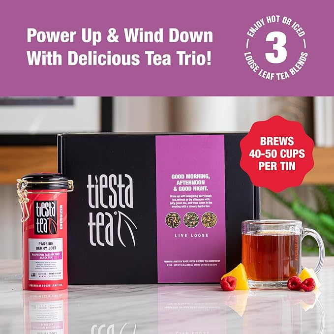 Tiesta Tea - Tea Tin Assorted Blends Loose Leaf Father’s Day Tea Gift Set Sampler | High to No Caffeine | Hot & Iced Ready | Passion Berry Jolt, Fruity Paradise, Lavender Chamomile Blends | 3 Tins