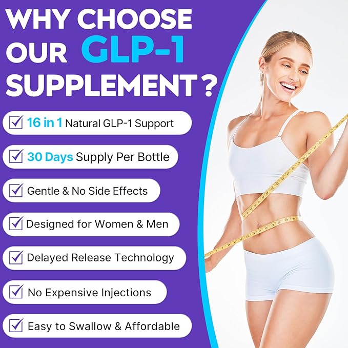 GLP-1 Supplement, 16 in 1 Natural GLP-1 Support, with Probiotic, Hops Extract & Eriocitrin, GLP1 Supplement for Women & Men, GLP1 Probiotics for Digestion, Gut & Metabolism - 30 Days Supply (60 Caps)