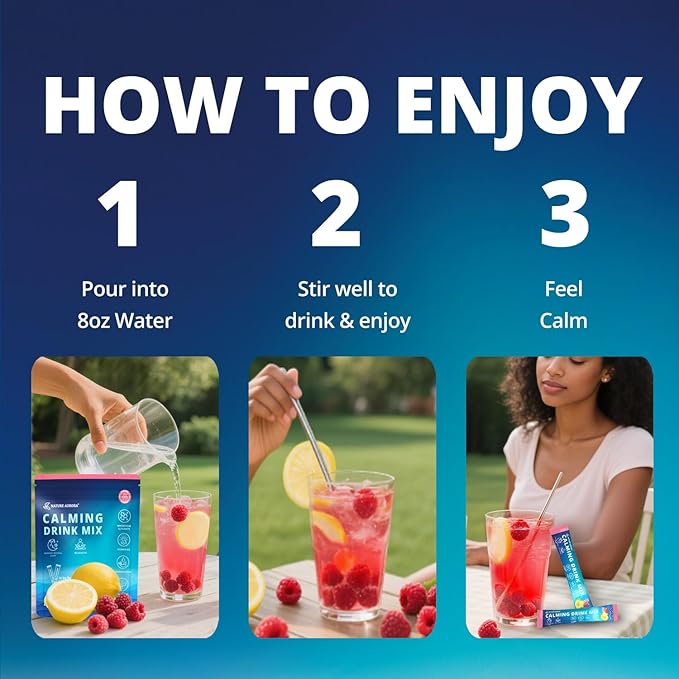 Powdered Drink Mix Calm - Adaptogenic Drink Mix with Magnesium Glycinate, Ashwagandha, Vitamin D, L-Theanine - Sleep Aid, Calm, Relax & Focus - Vegan, No Sugar- Raspberry Lemonade - 20 Sticks