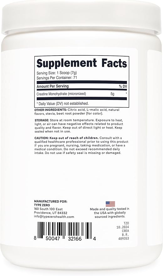 Type Zero Creatine Monohydrate Powder 500 Grams, Tropical Punch Flavored - Gluten-Free