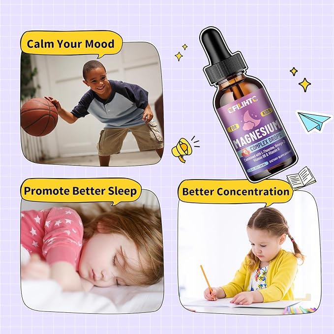 Kids Magnesium Liquid Drops-Magnesium Glycinate Liquid for Kids Supplement-w/L-theanine, Omega-3, Vitamin B6, D3 - for Sleep, Relaxation, Brain, Bones - 4 Fl Oz Children's Calm