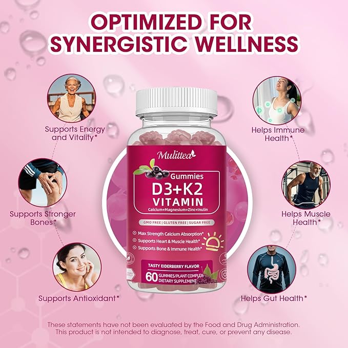 Vitamin D3 10000 IU + K2 (MK7) 200mcg w/Calcium Magnesium Zinc Elderberry & Inulin-Highly Bioavailable-Enhanced Absorption for Immune & Bone Support- K2 D3 Vitamin Supplement-Vegan Gummies