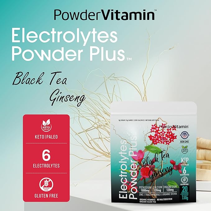 Electrolytes Powder Plus (20 Servings) Black Tea Ginseng Electrolyte Powder Keto, Sugar Free, Pink Himalayan Salt,1000mg Potassium,120mg Calcium,120mg Magnesium, Hydration Powder