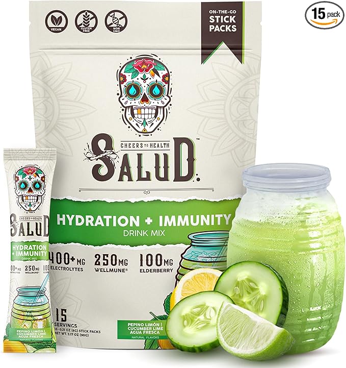 Salud 2-in-1 Hydration Packets + Immunity Electrolytes Powder, Cucumber Lime - Agua Fresca Drink Mix, Elderberry, Dairy & Soy Free, Non-GMO, Gluten Free, Vegan, Low Calorie, 1g Sugar (15 Servings)