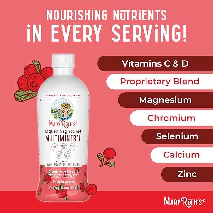 MaryRuth's Liquid Nighttime Multimineral | NO Melatonin | Bedtime Routine | Magnesium Citrate | Calcium | Zinc | Vitamin D3| Available in 4 Flavors | Vegan | Sugar Free | Gluten Free | 32 Oz