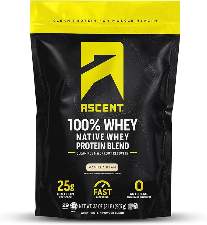 Ascent 100% Whey Protein Powder - Post Workout Whey Protein Isolate, Zero Artificial Flavors & Sweeteners, Soy & Gluten Free, 5.5g BCAA, 2.6g Leucine, Essential Amino Acids, Vanilla Bean 2 lb