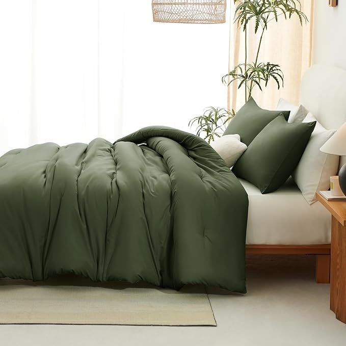 CozyLux Olive Green Comforter Set Queen Size, 3 Pieces Solid Breathable Quilted Style Bedding Set, Dark Olive Green Luxury Fluffy Soft Microfiber Comforter for All Season (1 Comforter & 2 Pillowcases)