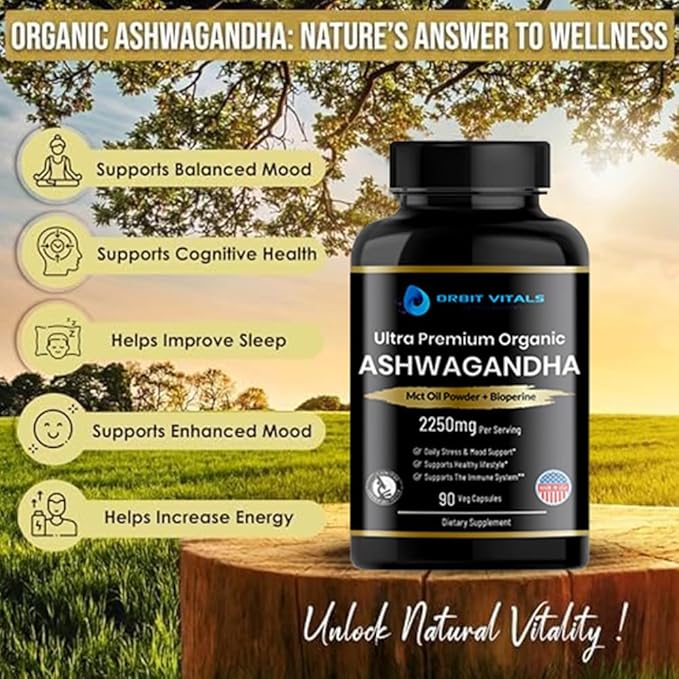 Organic Ashwagandha, 2250 mg - Premium Ashwagandha Root Extract with MCT Oil Powder & Black Pepper for Superior Absorption - Improves Focus, Mood Support, Increase Energy, Strength - 90 Capsules