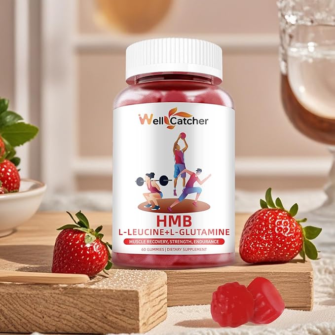 HMB and Leucine Gummies Supplements: HMB and Leucine Amino Acid for Men Women with L-Glutamine for Muscle Growth Fast Workout Recovery, Sugar Free Vegan Non-GMO Strawberry Flavored 30 Day Supply