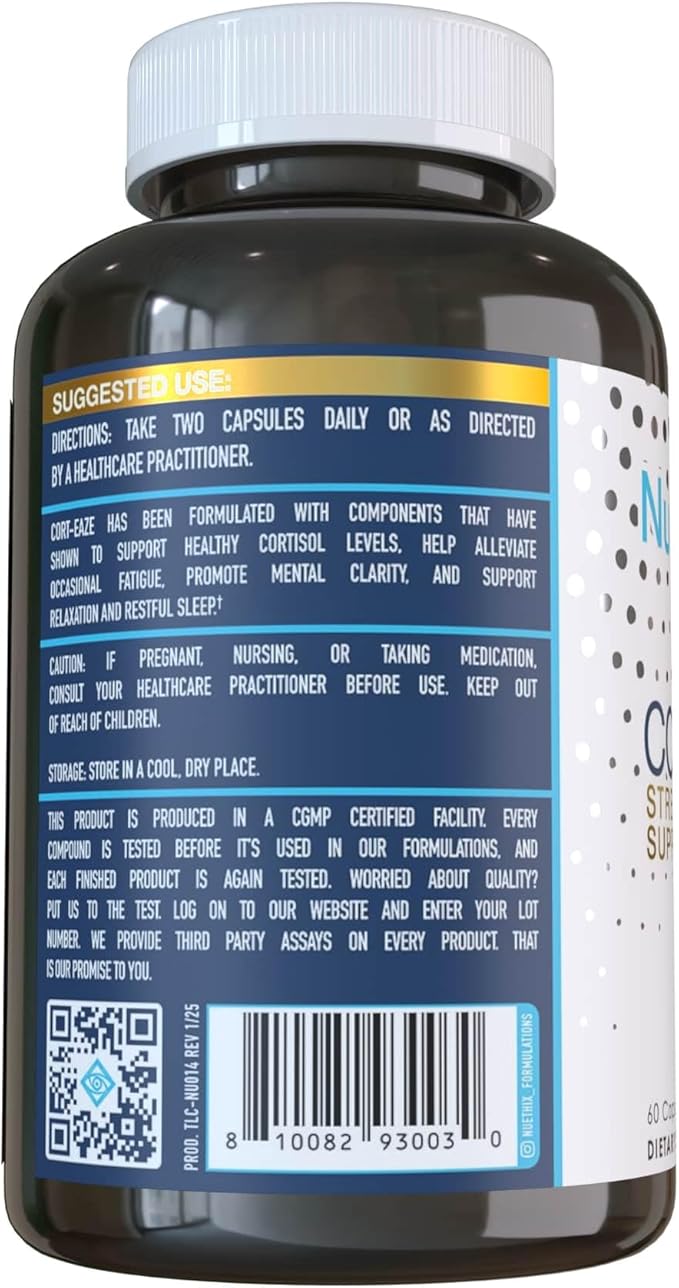 NuEthix Formulations Cort-Eaze - Cortisol Supplement - Health Support Supplement with Ashwagandha, L-Theanine & Rhodiola Rosea - Relaxation and Deep Sleep, 60 Capsules, 30 Servings