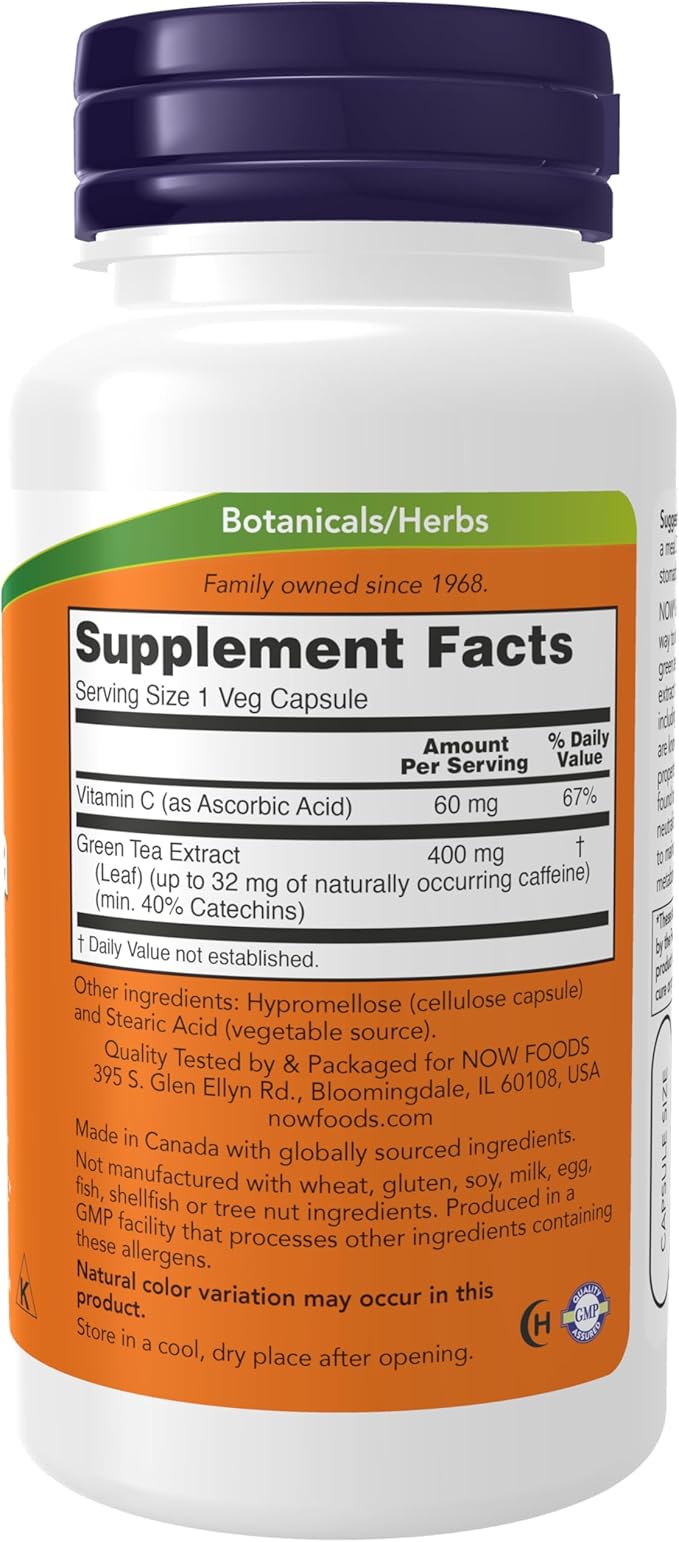 NOW Foods Supplements, Green Tea Extract 400 mg with Vitamin C, Cellular Protection*, 100 Veg Capsules