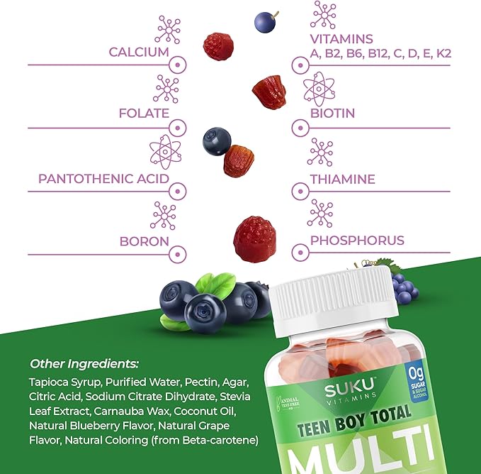 SUKU Teen Boy Multivitamin Gummies – Vitamins A, B12, C, D3, E, Zinc & Biotin – Sugar-Free Vegetarian Supplement for Energy, Growth, Immune & Bone Health – Grape Flavor – 60 Count