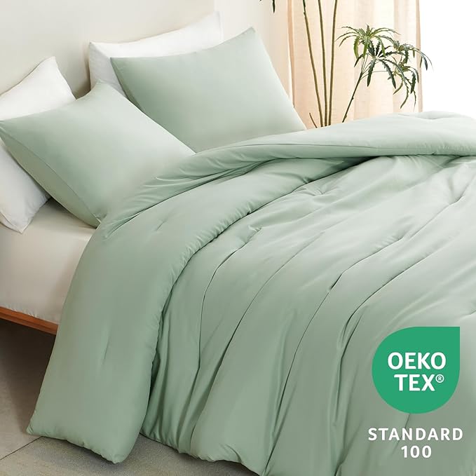 CozyLux Sage Green Comforter Set Queen Size, 3 Pieces Solid Breathable Quilted Style Bedding Sets, Luxury Fluffy Soft Microfiber Comforter for All Season(1 Comforter & 2 Pillowcases)
