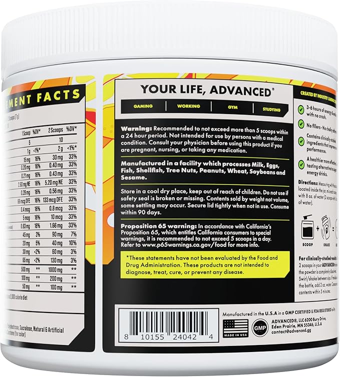 Advanced Energy - Energy Boosting Formula with Electrolytes for Hydration - L-Theanine to Combat Jitters - Sugar Free & Keto Friendly - No Maltodextrin (40 Servings) (Mango Lemonade)