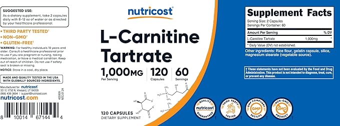 Nutricost L-Carnitine Tartrate 1000mg, 120 Capsules - 500mg Per Capsule (60 Servings)
