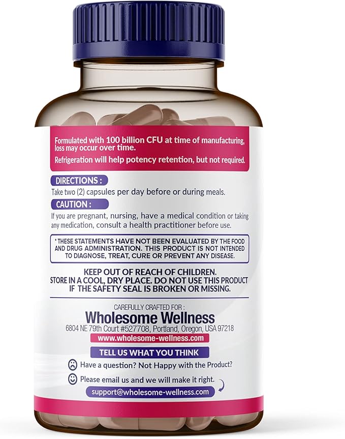 Wholesome Wellness Dr. Formulated Raw Probiotics for Women 100 Billion CFUs Capsules with Prebiotics, Digestive Enzymes, Approved for Adults, Shelf Stable Supplement