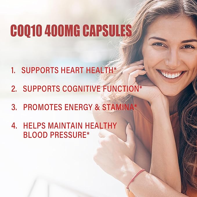 CoQ10 400mg Capsules, Coenzyme Q10 High Absorption Supplements | Heart Supports & Cellular Energy Production Supplement, No Dairy, No Gluten - 60 Capsules (30 Serv)