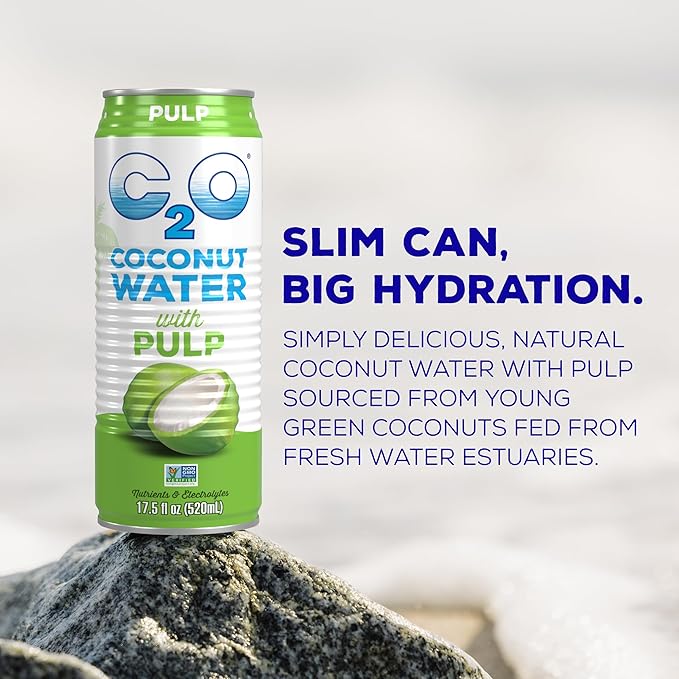 C2O - Coconut Water with Pulp (12 Pack) - Made with Fresh Coconut Water - Plant Based - Non GMO - Canned Water - Natural Hydration, Essential Electrolytes, & Potassium - 12 Cans, 17.5 FL OZ