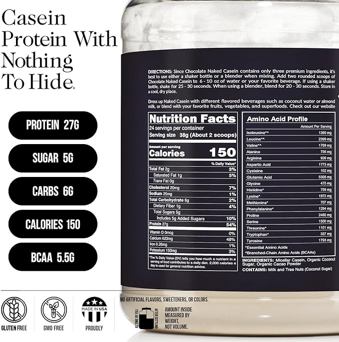 NAKED Casein - 2Lb Micellar Chocolate Casein Protein - Bulk, GMO-Free, Gluten Free, Soy Free, Preservative Free - Stimulate Muscle Growth - Enhance Recovery - 24 Servings