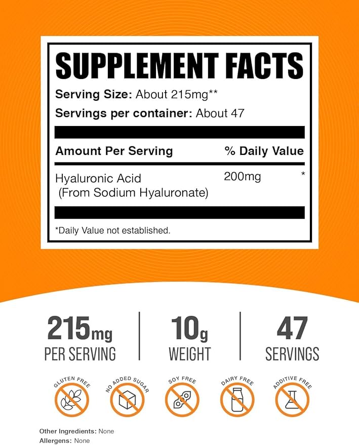 BulkSupplements.com Hyaluronic Acid Powder - as Sodium Hyaluronate, Hyaluronic Acid Supplements - Food Grade, Gluten Free - 215mg per Serving, 10g (0.35 oz) (Pack of 1)
