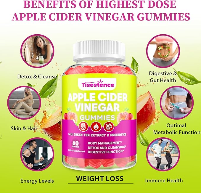 Apple Cider Vinegar Gummies, Keto ACV Gummies for Women and Men, Apple Cider Vinegar Supplement with Green Tea Extract, Probiotic for Detox Cleanse, Metabolism, Energy & Digestive Health, 60 Counts