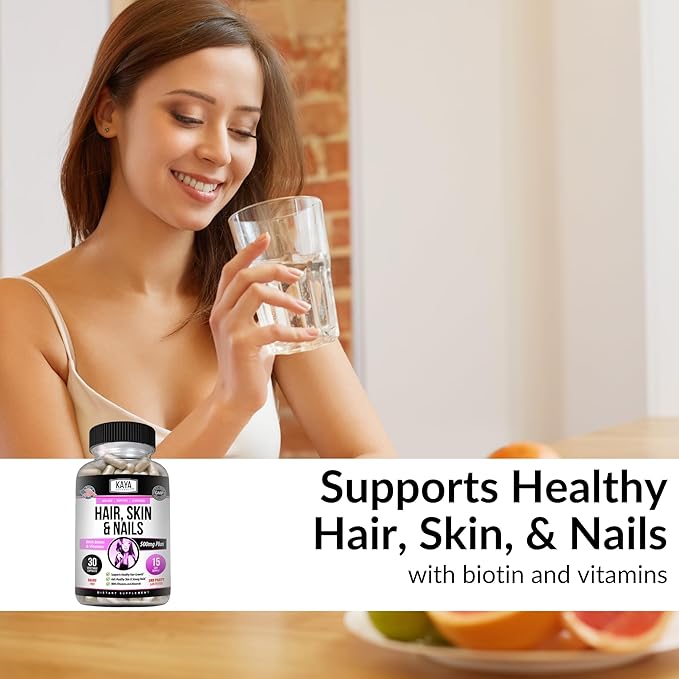 Kaya Naturals Hair Skin Nail Capsules with Biotin - Hair and Skin Vitamins, Vitamin D Vitamin B-12 A Folic Acid Support, Hair Support Vitamin Supplement for Hair Skin Nails- 30 Count Capsules