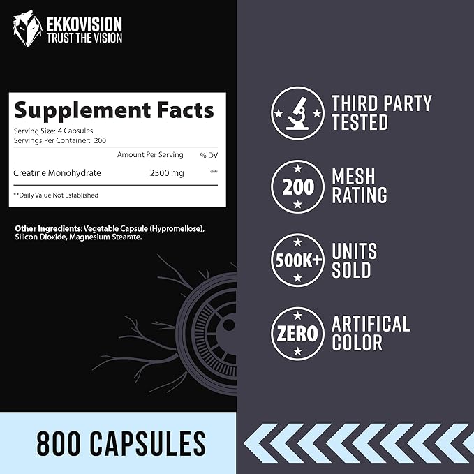 Creatine Monohydrate Capsules, Micronized, Capsules, Pre Workout & Post Workout Supplement for Men and Women, Energy Support, Smoothies & Beverages, 200 Servings