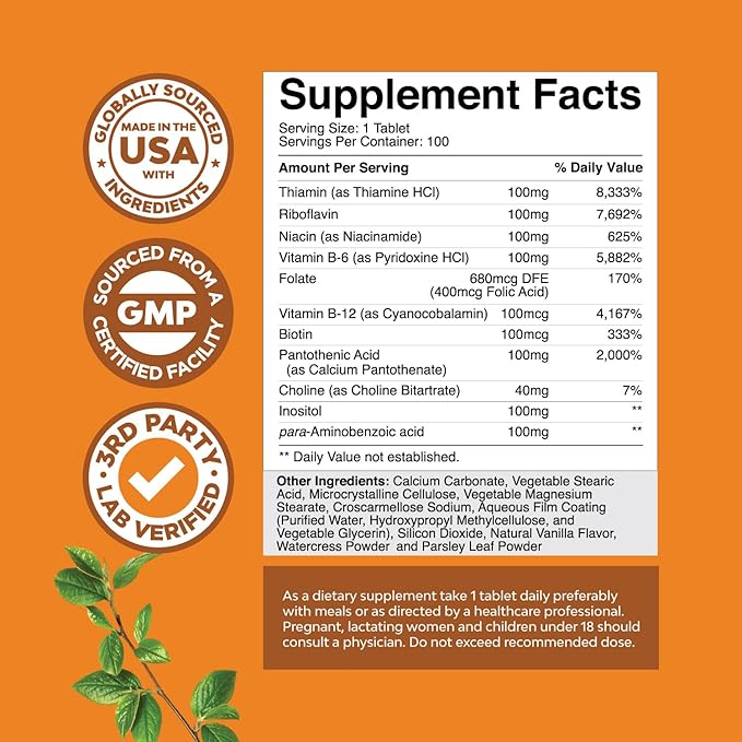 Super Vitamin B Complex for Women & Men - B Vitamins Complex with Thiamin, Riboflavin, Niacin, 6, 12 and Folate - Blend Supplement for Nervous System Support, Energy & High Strength - 100 Tablets
