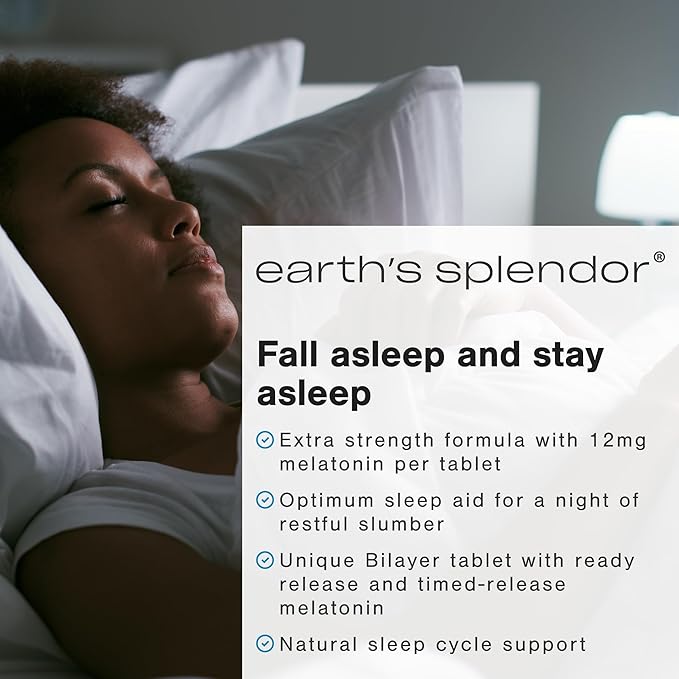 Earth's Splendor Melatonin 12 MG Bilayer Tablets, Sleep Aid Supplement, 60 Count - 2 Month Supply Melatonin