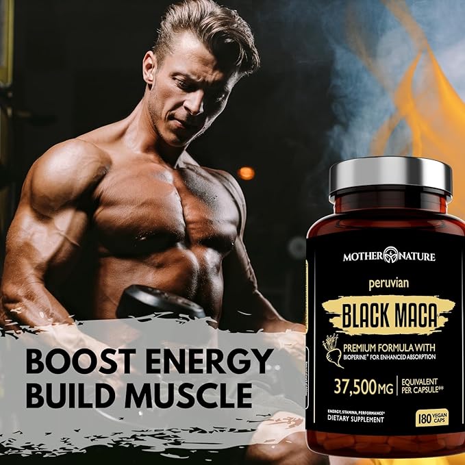 Mother Nature 37,500mg 50x Strength Organic Highly Concentrated Peruvian Black Maca Root Capsules for Men 100% Pure Maca Peruana 50:1 Extract to Boost Stamina, Enegy, Muscle Gain - 180ct