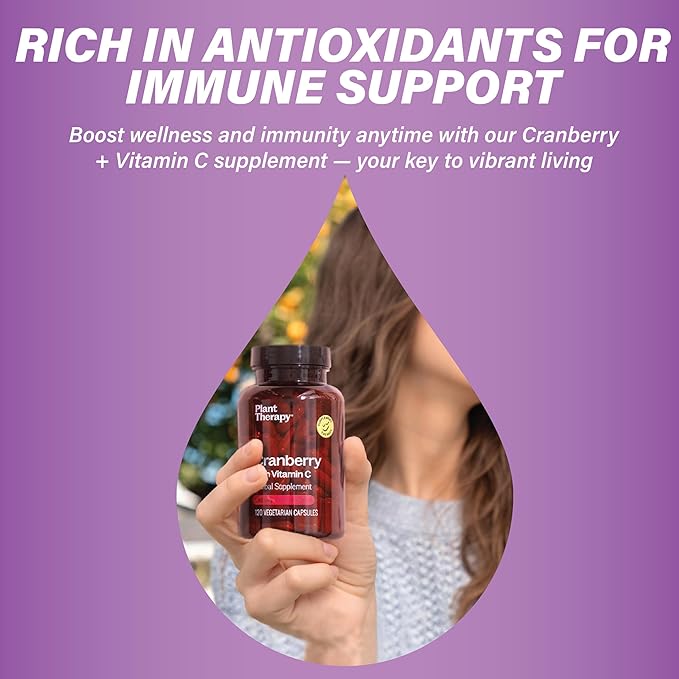 Plant Therapy Cranberry Extract with Vitamin C Herbal Supplement Capsules, Supports Urinary Tract Health, Rich in Antioxidants for Immune, 120 Vegetarian Capsules (4 Month Supply) Made in The USA