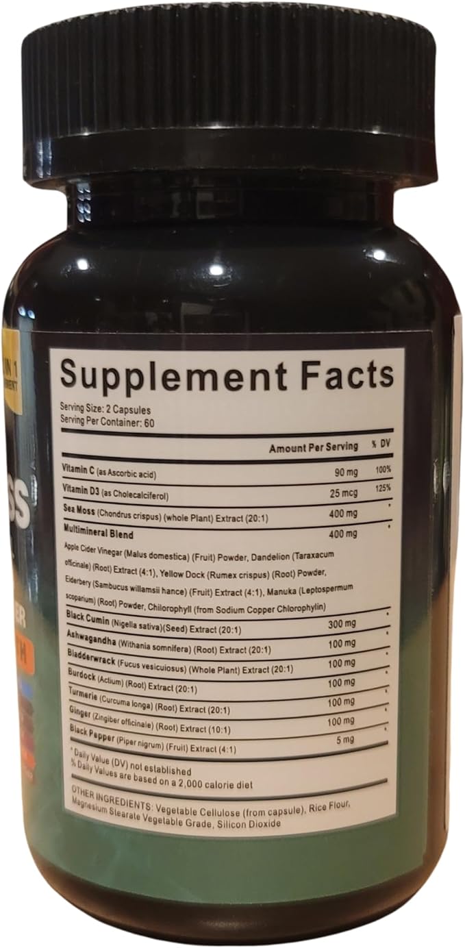 Organic Irish Sea Moss, Black Seed Oil, Ashwagandha, Turmeric,Ginger Capsule, Bladderwrack, Burdock, VIT C&VIT D3, Elderberry, Manuka Honey, Dandelion, Yellow Dock, Apple Cider Vinegar, Halal, Vegan