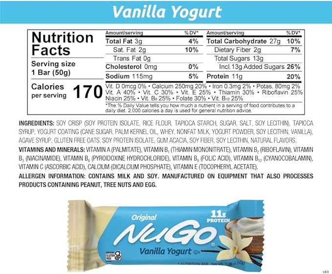NuGo Protein Bar, Vanilla Yogurt, 11g Protein, 170 Calories, Gluten Free, 1.76 Ounce each, 15 Count (Pack of 1)