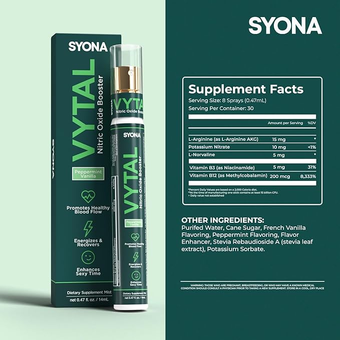 SYONA - VYTAL - Nitric Oxide Boosting Spray - Cardiovascular and Cognitive - Peppermint and Vanilla Flavor - B12, B3, L-Arginine - 14ml Pump Bottle