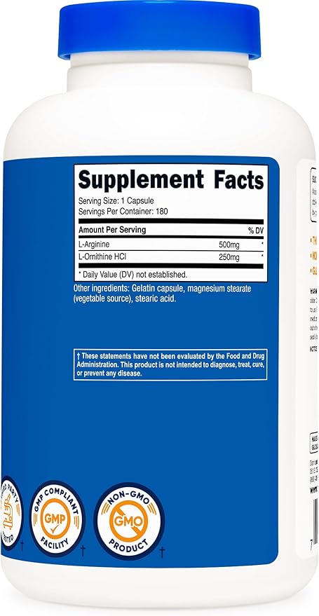 Nutricost L-Arginine L-Ornithine 750mg; 180 Capsules (2 Bottles)