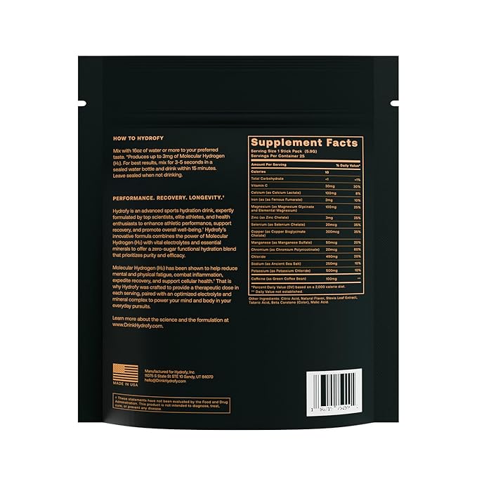 Hydrofy Hydrogen Water + Electrolytes Drink Mix | Superior Hydration Packets with Molecular Hydrogen (H2), Sodium, Potassium, Magnesium, Calcium, and Minerals | No Sugar | Orange + Caffeine 25 ct