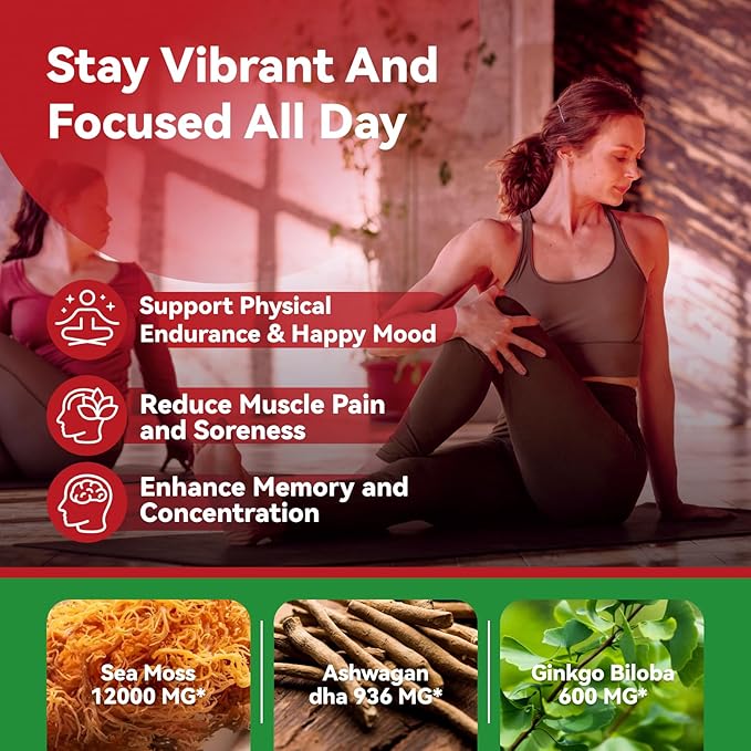 All-in-1 Irish Sea Moss Pills with Ashwagandha, Ginkgo Biloba, Turmeric & Vitamin C for Energy, Focus & Immune Support - 60ct Sea Moss Pills