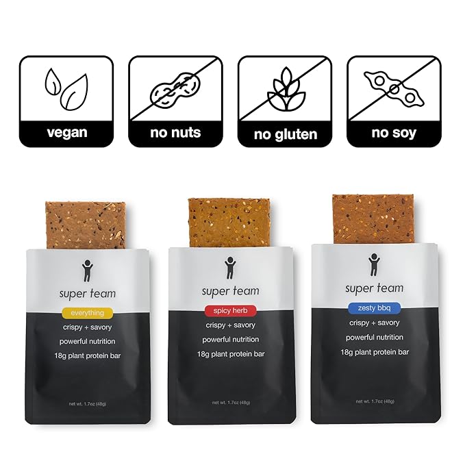 Super Team Savory + Crispy Protein Bars - Combo Pack - 12-Count Snack Bars - High Protein (18g), High Fiber (7g), Low Sugar (1g) - Gluten Free, Nut Free, Soy Free, Vegan Plant Based Meal Replacement