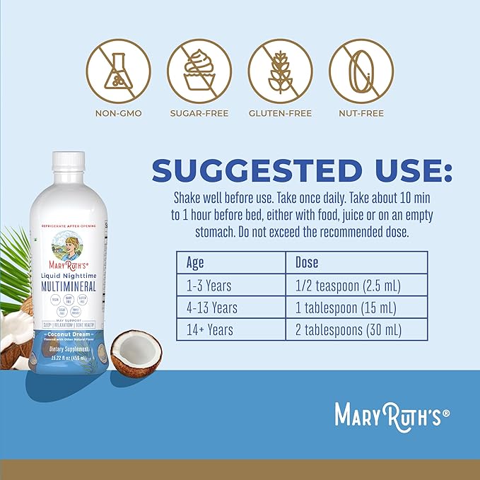 MaryRuth's Liquid Nighttime Multimineral | NO Melatonin | Bedtime Routine | Magnesium Citrate | Calcium | Zinc | Vitamin D3| Available in 4 Flavors | Vegan | Sugar Free | Gluten Free | 15.22 Oz