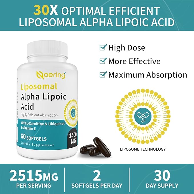 Liposomal Alpha Lipoic Acid 1400mg Softgels, ALA Supplement with L-Carnitine 1000mg, Ubiquinol (Active CoQ10) 100mg and Vitamin E 10mg,Alpha-Lipoic Acid for Antioxidants, Energy 60 Softgels