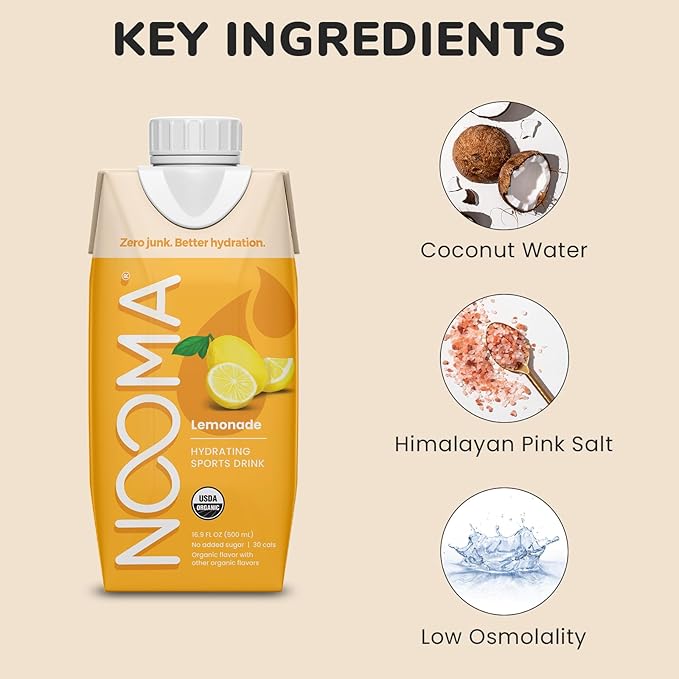 NOOMA - Hydrating Sports Drink - Electrolyte Drink with Organic Coconut Water - Organic & No Added Sugars - Rapid Hydration - 30 Calories & 505mg Electrolytes - Lemonade - 12 Pack (16.9oz each)