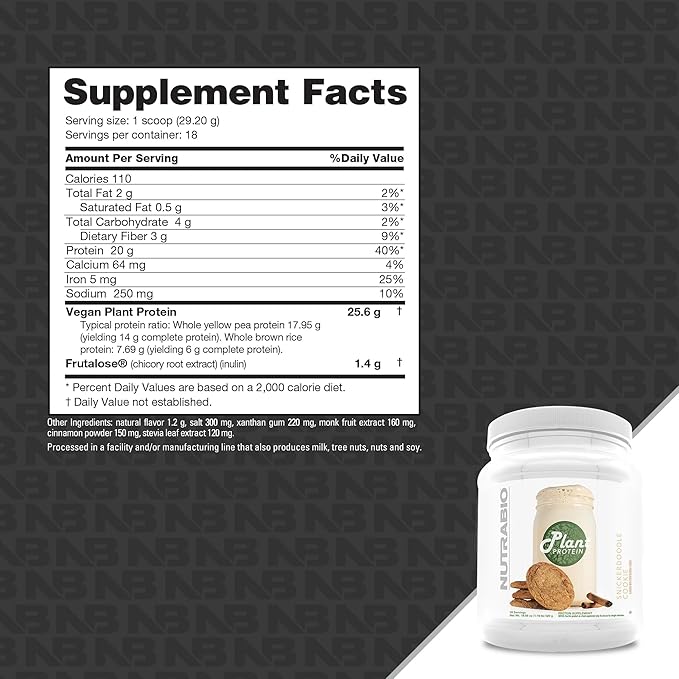 NutraBio Plant Protein Powder– Vegan Protein Powder – 20G of Protein per Scoop –Organic, Lactose Free and Dairy Free- Snickerdoodle Cookie 18 Servings