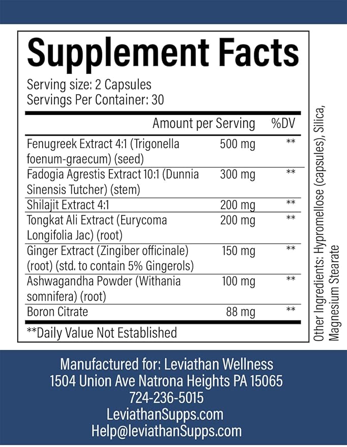 Vitality – Testosterone Support Formula | Fenugreek (500 mg), Fadogia Agrestis (300 mg), Shilajit, Tongkat Ali, Ginger, Ashwagandha | 60 Capsules, 30 Servings | Made in The USA