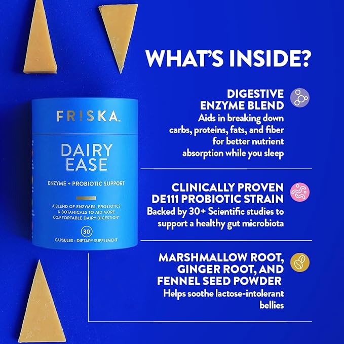FRISKA Dairy Ease | Digestive Enzymes and Probiotics Supplement | Promotes Better Digestion | Natural Lactose Intolerance Relief & Support | 30 Capsules