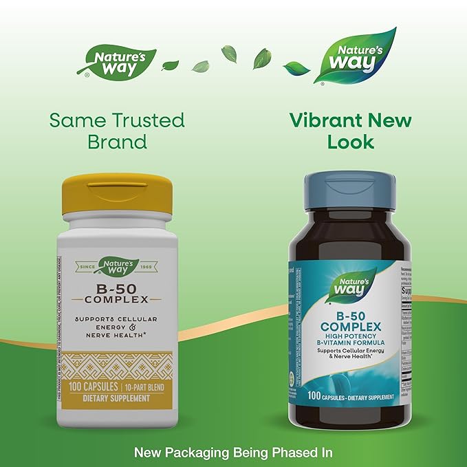 Nature's Way B-50 Complex, Supports Cellular Energy & Nerve Health*, 8 B-Vitamins, With Folic Acid, Biotin, Niacin & More, Gluten Free, 100 Capsules (Packaging May Vary)