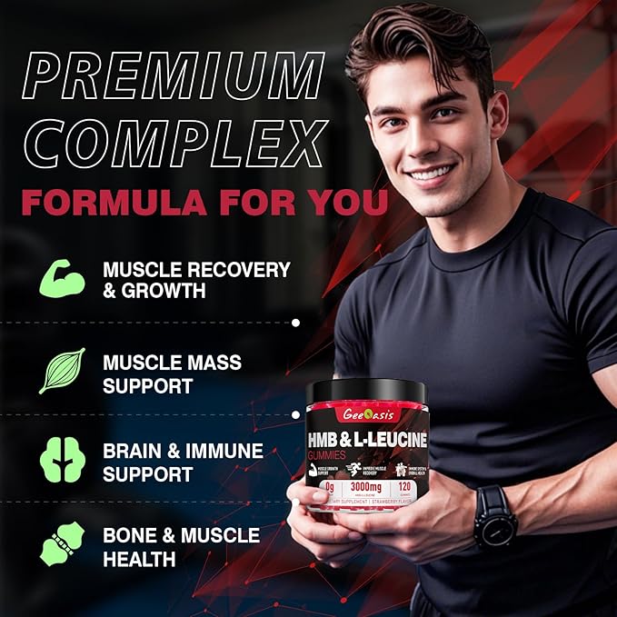 HMB and L-Leucine Gummies, Chewable HMB Amino Acid and Leucine Supplement for Men & Women, Muscle Health & Growth, Immune Support & Overall Health, Vegan Strawberry Flavor, 120 Count