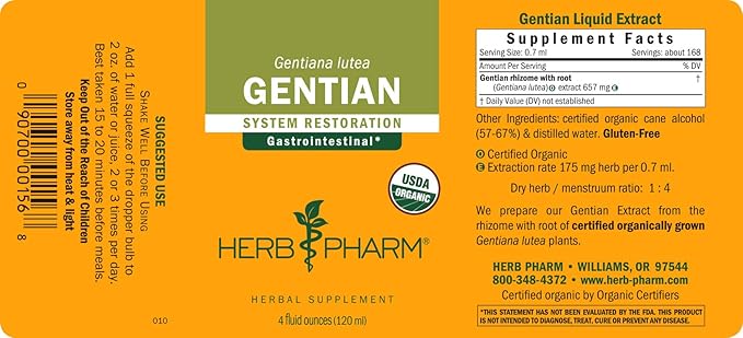 Herb Pharm Certified Organic Gentian Liquid Extract for Digestive Support - 4 Ounce