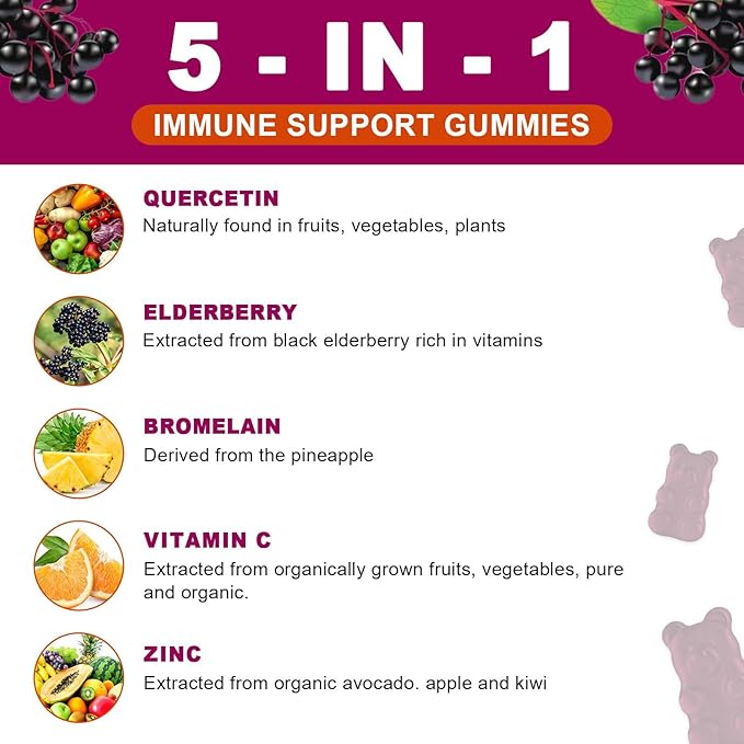 Quercetin Gummies with Bromelain, Elderberry, Zinc and Vitamin C - Chewable Quercetin 700 mg Supplement for Immunity, Allergy, Antioxidant Support - Vegan Gummies, 60 Gummies