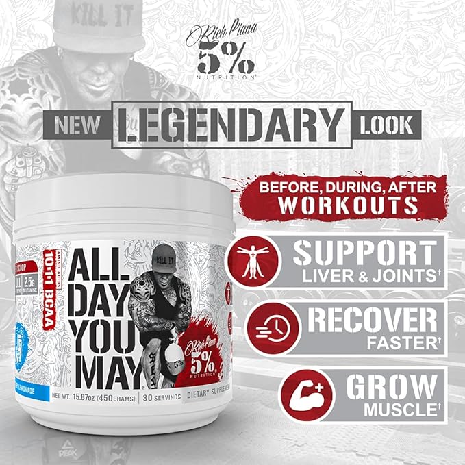 5% Nutrition Rich Piana Bundle | AllDayYouMay BCAA Powder + Kill It Reloaded High-Stim Pre-Workout (Fruit Punch)