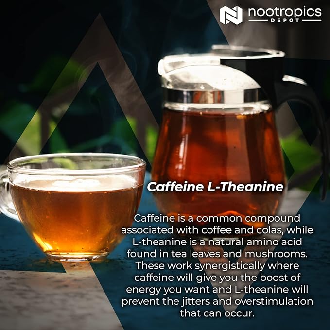 Nootropics Depot Caffeine and L-Theanine Capsules | 60 Pills | Contains 100mg of Caffeine and 200mg of L-Theanine | Natural Supplement | Energy Booster | Mental Focus + Alertness | Coffee Alternative